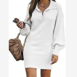 Women Plain V Neck Long Sleeve Comfy Casual Midi Dress, Dresses, color:White|size:3XL, catalog Noracora shop
