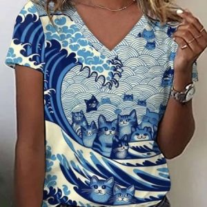 Casual Painting V Neck Short Sleeve T-shirt, T-shirts, color:Blue|size:XXL, catalog Noracora shop