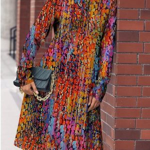Women Floral Crew Neck Long Sleeve Comfy Casual Mini Dress, Midi, color:Red|size:5XL, catalog Noracora shop