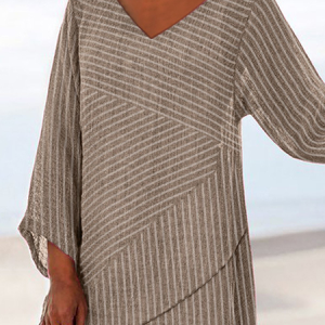 Women Striped Three Quarter Sleeve Blouse Spring/Fall V Neck Daily Casual Top, JustFashionNow Shirts, color:Coffee|size:3XL,