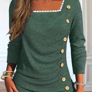 Square Neck Long Sleeve Floral Lace Regular Micro-Elasticity Loose Blouse For Women, Blouses, color:Green|size:XXL, catalog Noracora shop