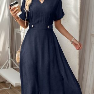 Women Plain Notched Short Sleeve Comfy Casual Knee Length Dress, Midi, color:Deep Blue|size:XXL, catalog Noracora shop
