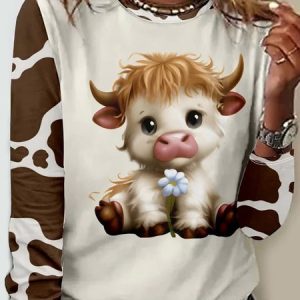 Casual Animal Crew Neck Long Sleeve T-shirt, T-shirts, color:Coffee|size:XXL, catalog Noracora shop