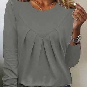 Casual Plain Crew Neck Long Sleeve T-shirt, Blouses, color:Gray|size:5XL, catalog Noracora shop