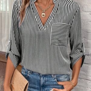 V Neck Three Quarter Sleeve Striped Regular Loose Shirt For Women, Blouses, color:Black|size:XL, catalog Noracora shop