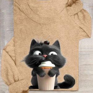 Casual Cat Crew Neck Long Sleeve T-shirt, T-shirts, color:Khaki|size:3XL, catalog Noracora shop