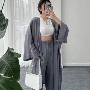 Women Plain Crew Neck Long Sleeve Comfy Casual Coat With Pants Two-Piece Set, Sets, color:Gray|size:3XL, catalog Noracora shop