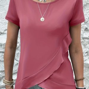 Crew Neck Short Sleeve Plain Regular Micro-Elasticity Regular Fit Shirt For Women, T-shirts, color:Brick Red|size:XXL, catalog Noracora shop