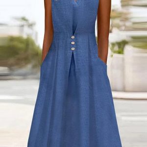 Women Plain Notched Sleeveless Comfy Casual Maxi Dress, Dresses, color:Blue|size:XXL, catalog Noracora shop