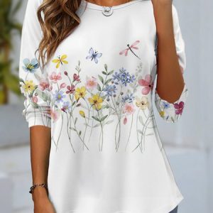 Women's Long Sleeve Tee T-shirt Spring/Fall Floral Jersey Crew Neck Daily Going Out Casual Top White, JustFashionNow T-Shirts, color:White|size:XXL,