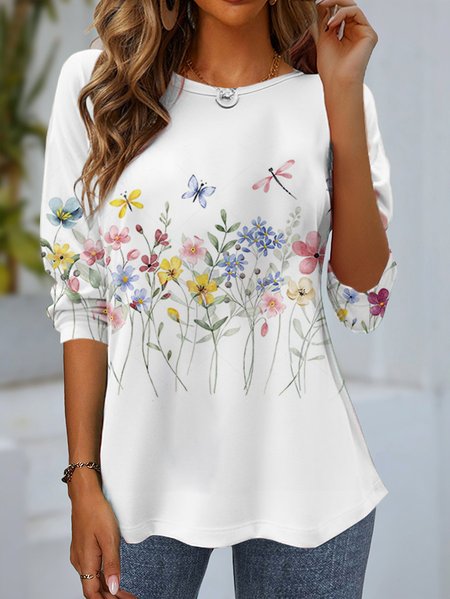 Women's Long Sleeve Tee T-shirt Spring/Fall Floral Jersey Crew Neck Daily Going Out Casual Top White, JustFashionNow T-Shirts, color:White|size:XXL,