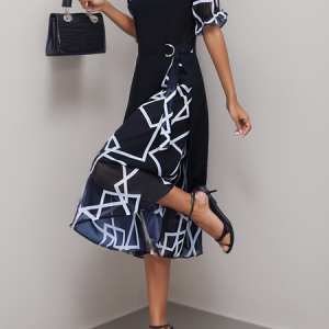Women Geometric Crew Neck Short Sleeve Comfy Urban Split Joint Midi Dress, Dresses, color:Black|size:XXL, catalog Noracora shop