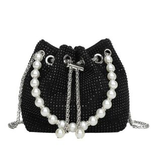 Sparkling Rhinestone Imitation Pearl Handle Bucket Bag Metal Chain Crossbody Bag, Bags, color:Black|size:One-size, Stylewe