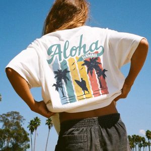 Vintage ALOHA Surf Print T-shirt, women tops,  COTOSEN