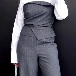 Shirt Collar Bow Regular Fit Urban Two-Piece Set With Belt, Two-piece Set, color:white-gray|size:XXL, Stylewe