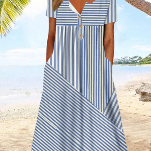 Women's Short Sleeve Summer Striped Dress Daily Going Out Casual Midi A-Line, JustFashionNow Dresses, color:Blue|size:XXL,