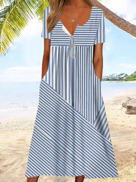 Women's Short Sleeve Summer Striped Dress Daily Going Out Casual Midi A-Line, JustFashionNow Dresses, color:Blue|size:XXL,