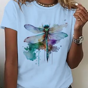 Casual Crew Neck Cotton Dragonfly T-Shirt, T-shirts, Lilicloth.com
