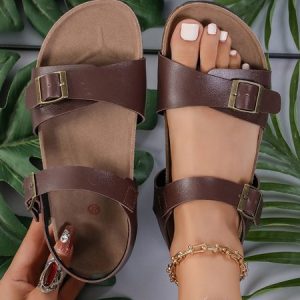 Casual Plain Slip On Flat Heel Slide Sandals, Shoes, color:Deep Brown|size:43, catalog Noracora shop
