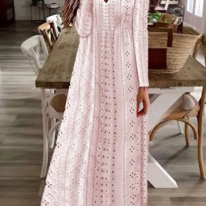 Women Plain Notched Long Sleeve Comfy Casual Maxi Dress, Dresses, color:Pink|size:XXL, catalog Noracora shop