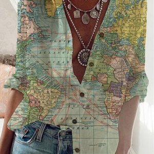 Shirt Collar Long Sleeve Map Pattern Front Buckle Regular Fit Shirt For Women, Shirts, color:Green|size:3XL, catalog Noracora shop