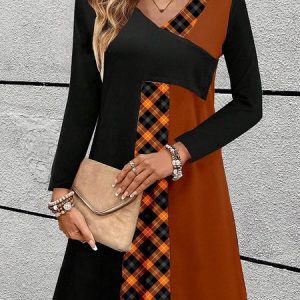 Women Ethnic Crew Neck Long Sleeve Comfy Casual Mini Dress, Midi, color:Orange Red|size:5XL, catalog Noracora shop