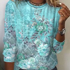Floral Design Casual T-Shirt, Long sleeves, Lilicloth.com