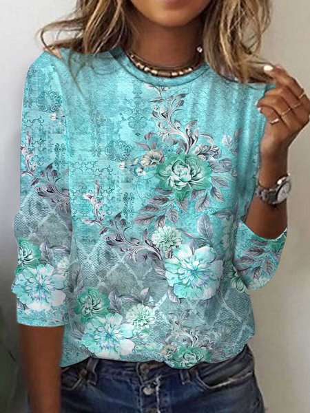 Floral Design Casual T-Shirt, Long sleeves, Lilicloth.com