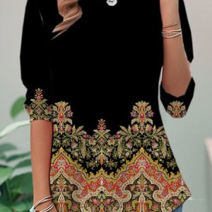 Loose Crew Neck Ethnic Casual T-Shirt, Long sleeves, Lilicloth.com