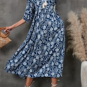 Women Floral V Neck Short Sleeve Comfy Casual Maxi Dress, Midi, color:Navyblue|size:XL, catalog Noracora shop