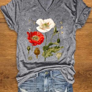 Women's Short Sleeve Tee T-shirt Summer Floral Knitted V Neck Daily Going Out Casual Top White, JustFashionNow T-Shirts, color:Light Gray|size:3XL,