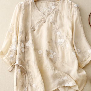 Women Plain Three Quarter Sleeve Blouse Spring/Fall Embroidery Shirt Collar Daily Casual Top, JustFashionNow Shirts, color:Apricot|size:XXL,