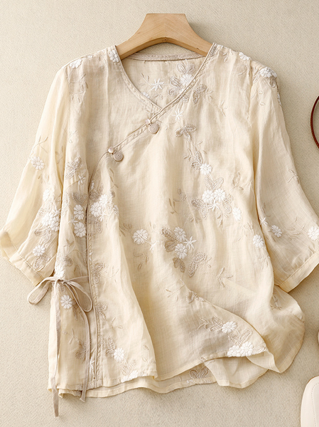 Women Plain Three Quarter Sleeve Blouse Spring/Fall Embroidery Shirt Collar Daily Casual Top, JustFashionNow Shirts, color:Apricot|size:XXL,