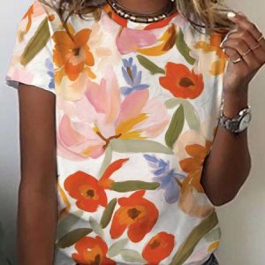 Women's Short Sleeve Tee T-shirt Summer Floral Crew Neck Casual Top, JustFashionNow T-Shirts, color:Red|size:XXL,