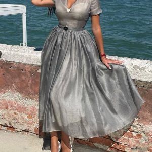 Elegant Regular Fit Plaid Shirt Collar Midi Dress With No Belt, Midi Dresses, color:Gray|size:XXL, Stylewe