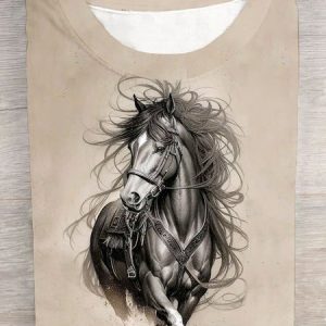 Horse print round neck long sleeved casual T-shirt, T-shirts, Lilicloth.com