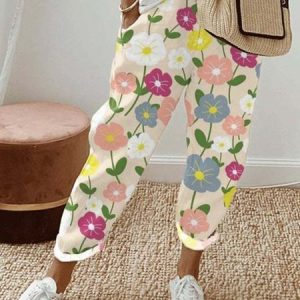 Casual Floral Long Elastic Waist Pant, Pants, color:Color3|size:5XL, catalog Noracora shop