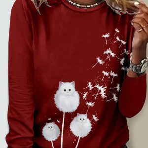 Casual Animal Crew Neck Long Sleeve T-shirt, T-shirts, color:Wine Red|size:4XL, catalog Noracora shop