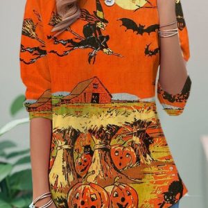 Casual Halloween Crew Neck Long Sleeve T-shirt, T-shirts, color:Orange Red|size:XXL, catalog Noracora shop