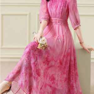 Women Floral Crew Neck Long Sleeve Comfy Casual Maxi Dress, Dresses, color:Pink|size:4XL, catalog Noracora shop