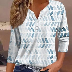 Casual Geometric Notched Three Quarter Sleeve T-shirt, T-shirts, color:Blue|size:3XL, catalog Noracora shop