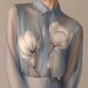 Loose Elegant Floral Shirt Collar Long Sleeve Shirt, Blouses and Shirts, color:Blue|size:XXL, Stylewe