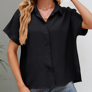 Shirt Collar Short Sleeve Plain Buckle Regular Micro-Elasticity Loose Shirt For Women, Shirts, color:Black|size:XXL, catalog Noracora shop