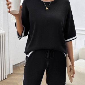 Women Color Block Crew Neck Short Sleeve Comfy Casual Top With Pants Two-Piece Set, Sets, color:Black|size:XL, catalog Noracora shop