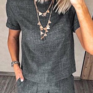Daily Crew Neck Plain Casual Short Sleeve Shirt, Blouses and Shirts, color:Gray|size:XXL, Stylewe