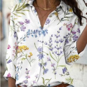 Shirt Collar Long Sleeve Floral Regular Loose Shirt For Women, Blouses, color:White|size:4XL, catalog Noracora shop