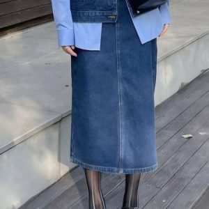 Distressing Regular Fit Plain Urban Denim Skirt, Denim Skirts, color:Blue|size:XXL, Stylewe