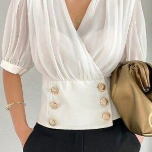 Cross Neck Loose Urban Plain Blouse, Blouses and Shirts, color:White|size:XXL, Stylewe