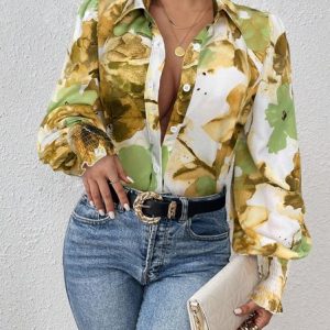 Shirt Collar Long Sleeve Floral Regular Loose Shirt For Women, Shirts, color:Green|size:XXL, catalog Noracora shop