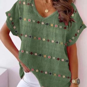 V Neck Short Sleeve Floral Printing Regular Regular Fit Blouse For Women, T-shirts, color:Green|size:XXL, catalog Noracora shop
